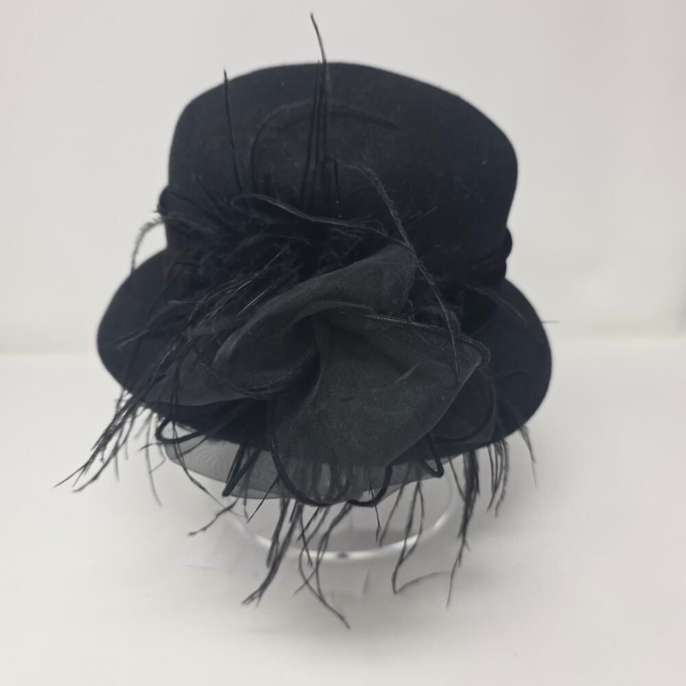 Amiee Lynn Cloche Hat Black Narrow Brim Church Tea Party Cocktail Feather Bow